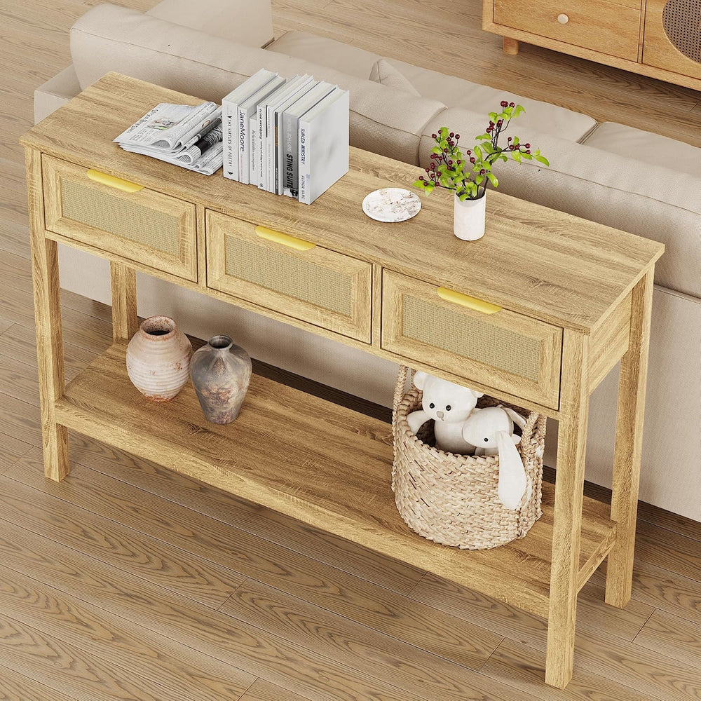 KIGOTY Console Table with Charging Station, Rattan Style Sofa Table Behind Th...
