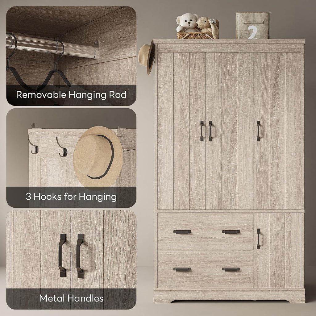 LIKIMIO Wardrobe Closet, 70" Tall 4 Doors Large Wooden Closet with 2 Drawers, 3 Shelves Bedroom Armoire with Hanging Rod, Freestanding Storage Cabinet for Hanging Clothes, Light Oak