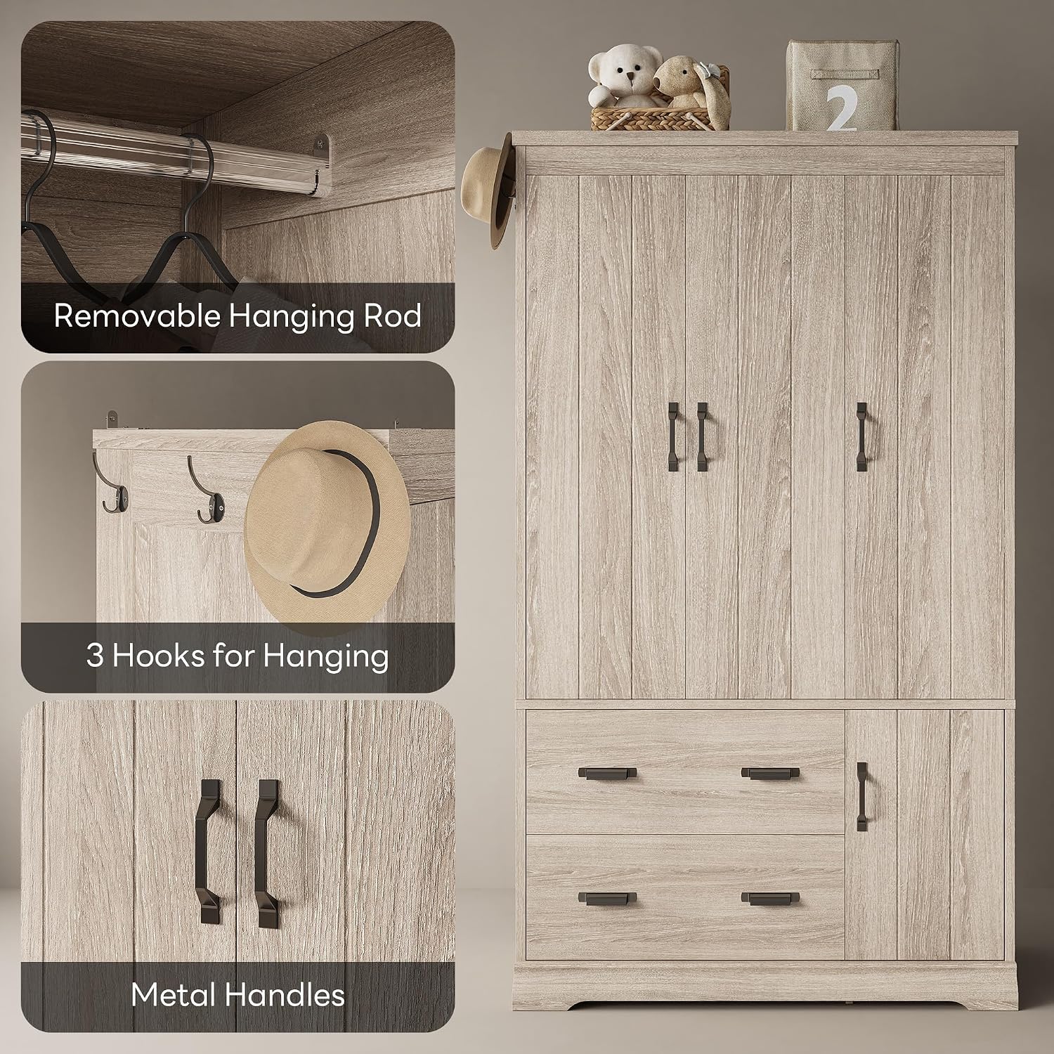 LIKIMIO Wardrobe Closet, 70" Tall 4 Doors Large Wooden Closet with 2 Drawers, 3 Shelves Bedroom Armoire with Hanging Rod, Freestanding Storage Cabinet for Hanging Clothes, Light Oak