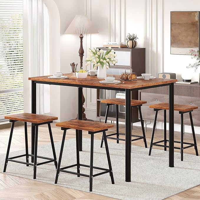 VECELO Kitchen Table and Chairs for 4, Dining Room Set with Chairs/Stools, Heavy-Duty Metal Frame with Wooden Tabletop for Small Spaces, Easy Assembly, Retro Brown