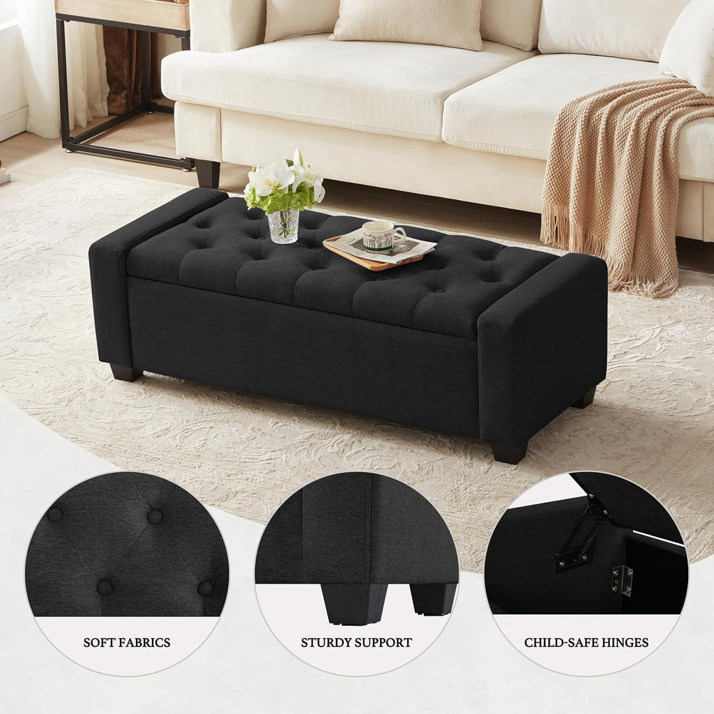 48" Ottoman with Storage, Black Storage Ottoman Bench with Safety Hinge | Upholstered Entryway Bench with Seating for Bedroom, Living Room, Holds up to 330 lb