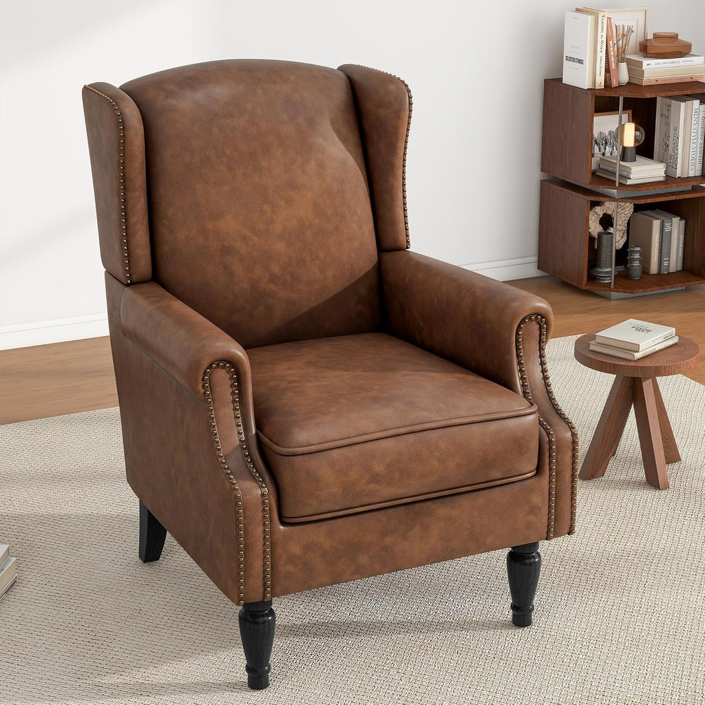 High Back Accent Chairs Set of 2, Faux Leather Wingback Armchair | Modern Upholstered Reading Seat with Removable Cushion | Comfy Nailhead Trim Single Sofa for Living Room, Bedroom - Brown