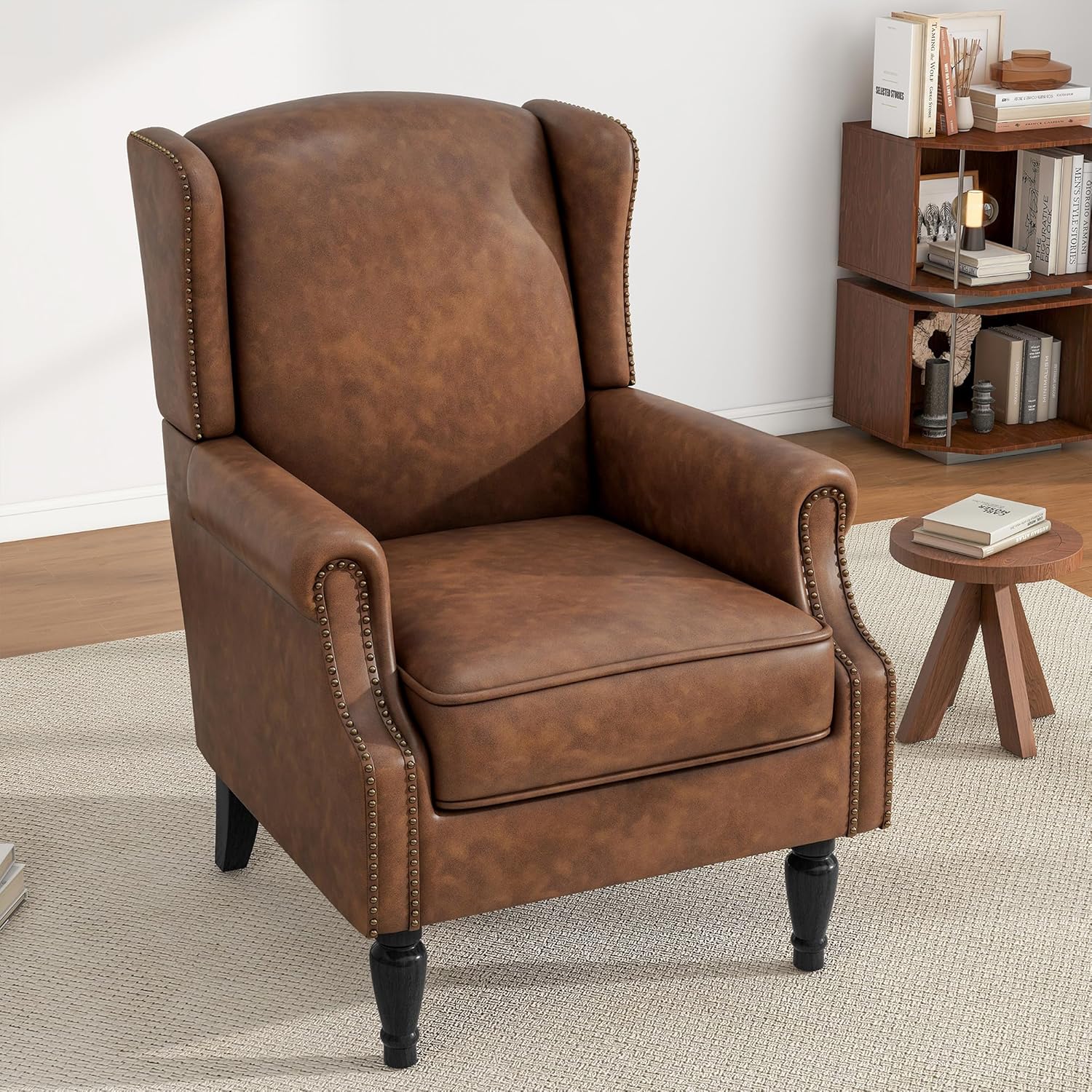 High Back Accent Chairs Set of 2, Faux Leather Wingback Armchair | Modern Upholstered Reading Seat with Removable Cushion | Comfy Nailhead Trim Single Sofa for Living Room, Bedroom - Brown