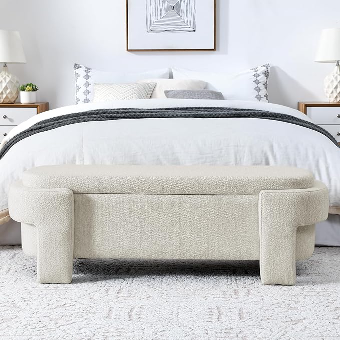 Oval Storage Bench,Upholstered Ottoman with Hinges,Easy to Install,for Living Room,Entryway,Bedroom,Beige