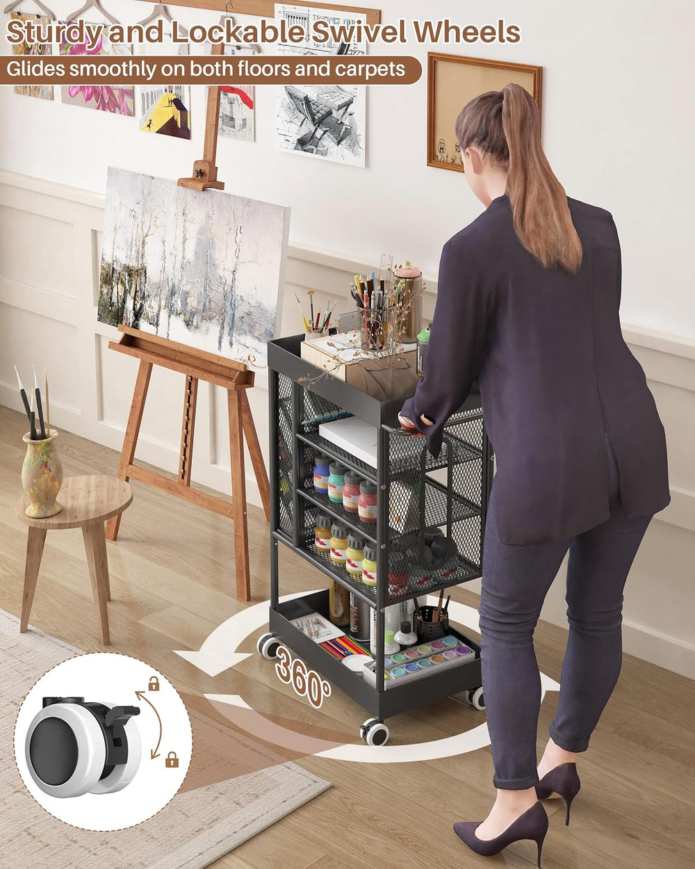 Rolling Utility Art Cart with Paint Storage & Brush Organizer,Black | Met...