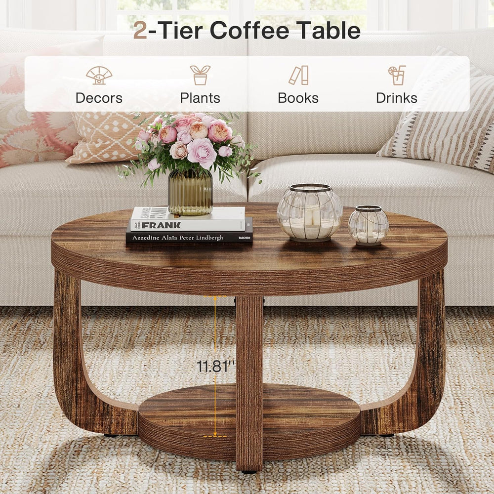 Tribesigns Round Coffee Table, 2-Tier Circle Coffee Table with Storage, Moder...