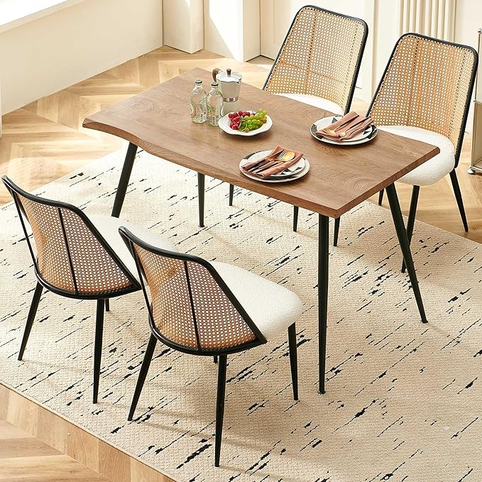 Modern Dining Room Table Set for 4, 5 Pieces Kitchen Table Set with 4 Upholsetered Boucle Dining Chairs Curved Rattan Backrest, Engineered Wood Dining Table Set for Breakfast Nook Coffee