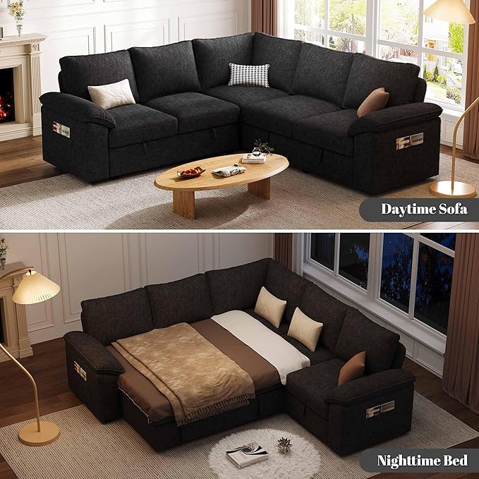 85 Inch Modular Sectional Sofa with Pull Out Bed, L Shaped 5 Seat Sectional Sleeper Sofa with Storage, Sectional Couches for Living Room, Cloud Modular Couch,Removable Sofa Cover, Black