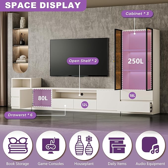 122" White Modern Entertainment Center for 55/60/65/75/85 inch TV, Included TV Console, Lighted Glass Display Cabinet And Nightstand, 3-Piece Media Table for Living Room (ABC-122" Cabinets Set)