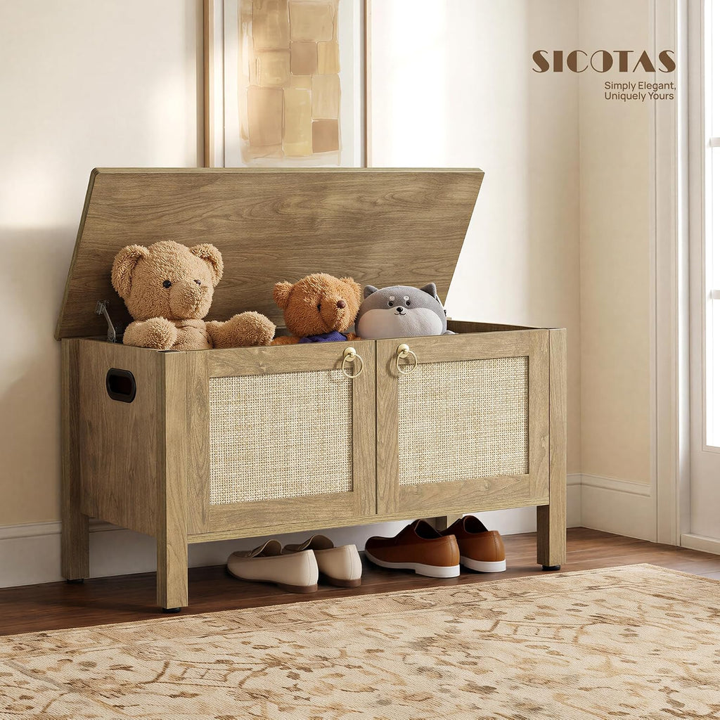 SICOTAS Rattan Storage Bench Boho Storage Chest with 2 Safety Hinges | Wood Storage Truck Box for Bedroom, Living Room, Entryway, Supports 220 lb