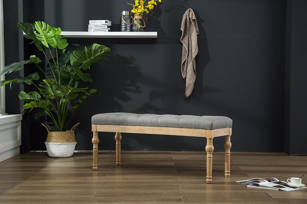 Roundhill Furniture Habit Solid Wood Button Tufted Dining Bench, Grey