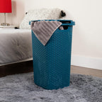 Mind Reader Slim Laundry Hamper with Lid, 60L Clothes Basket, Premium Wicker Design, Plastic, Blue