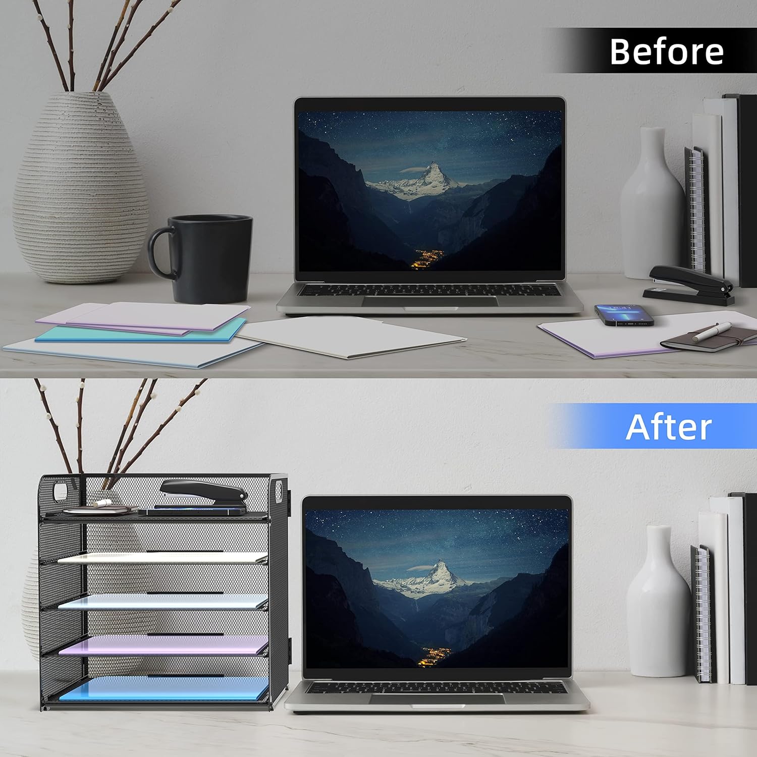 Supeasy 2 Pack 5-Tier Desk Organizer with Handle Mesh Desk File/Paper Organizer Letter Tray for Office, School and Home Easy Installation, Black
