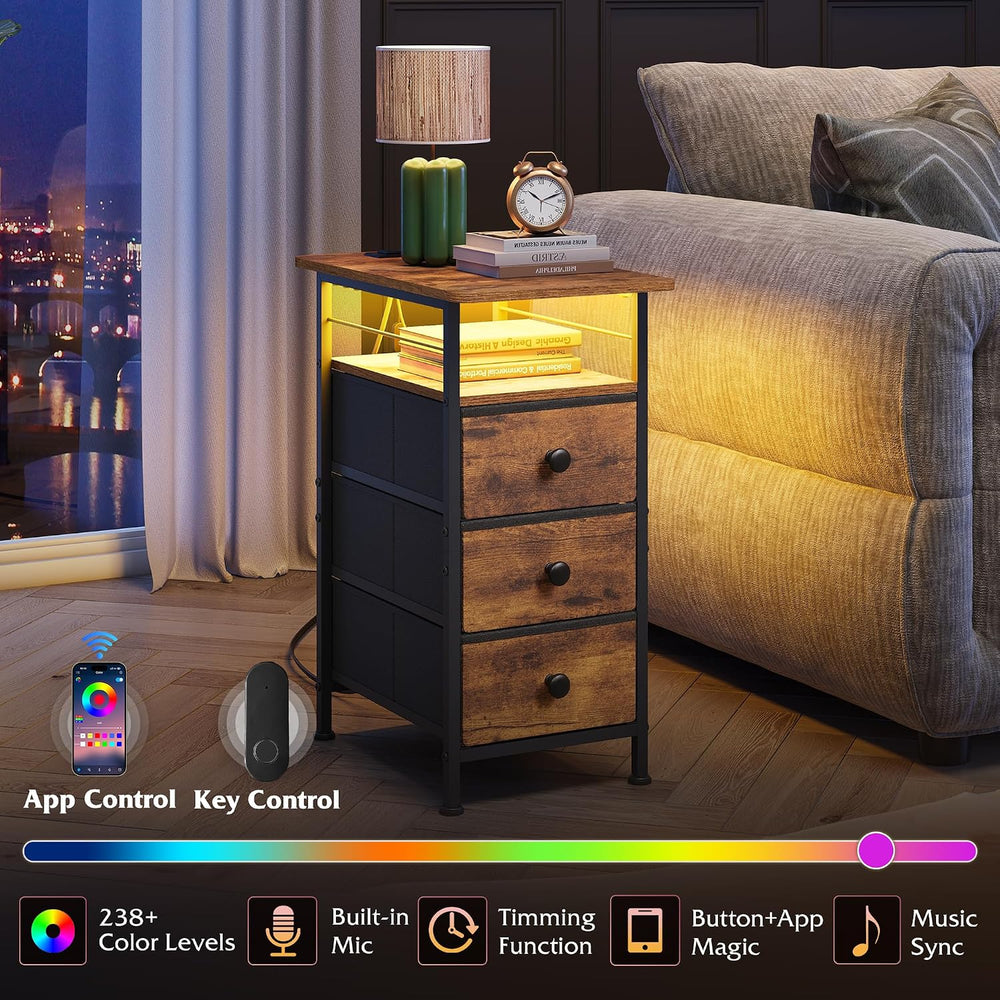 WLIVE Narrow Side Table with Charging Station, End Table with LED Lights,3 Fa...