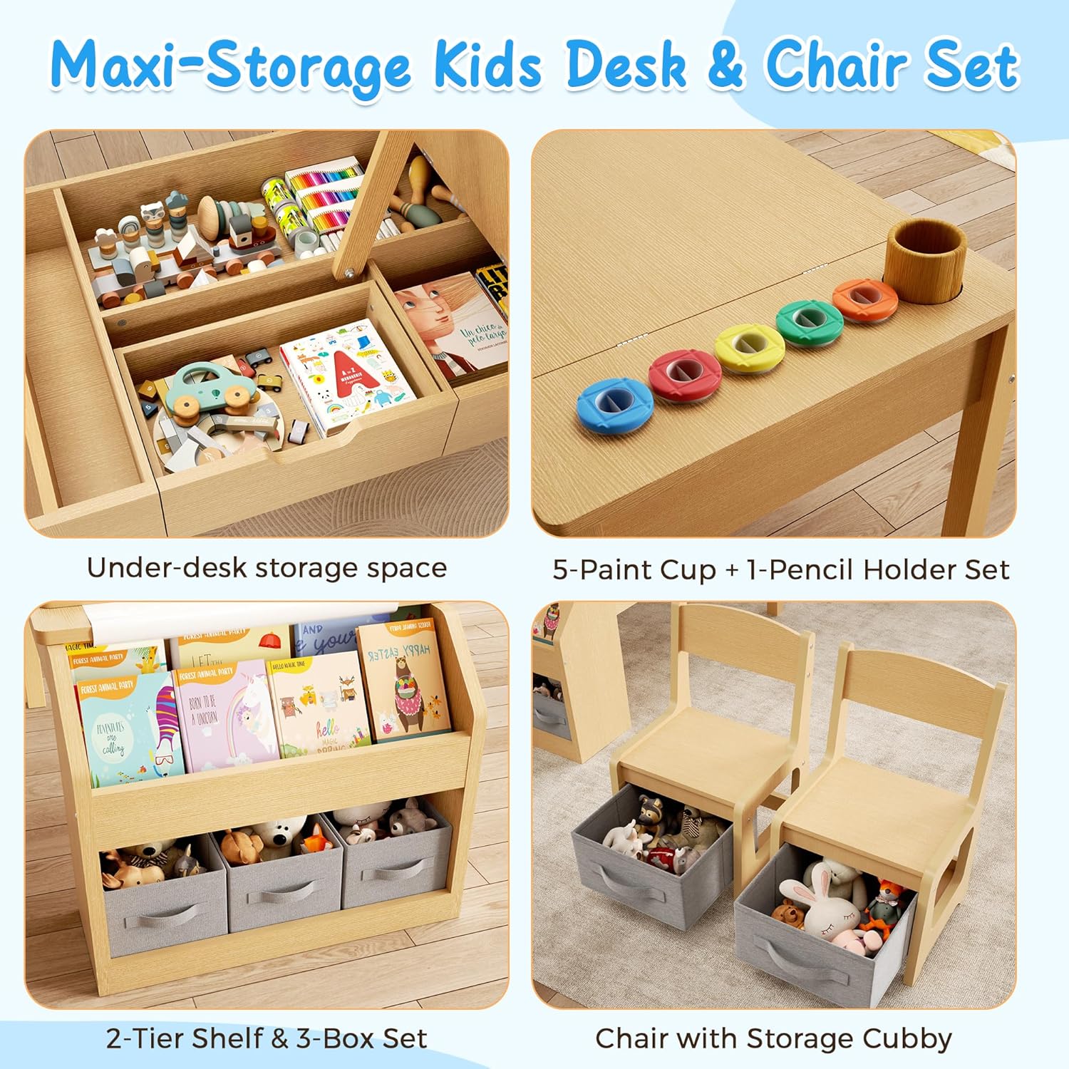 5-in-1 Kids Art Table and Chairs, Toddler Table and Chair Set, Craft Play Desk for Kids, Convertible Art Easel with Paper Roll Holder & Storage Drawers, Children Activity Learning Center - Nature Wood