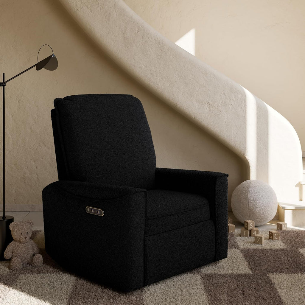 Storkcraft Santos Deluxe Power Recliner Swivel Glider, Black Boucle | Premium Electronic Power Recliner for Nursery, Includes Dual-USB Charging Port with USB-A & USB-C, Glider Rocking Chair