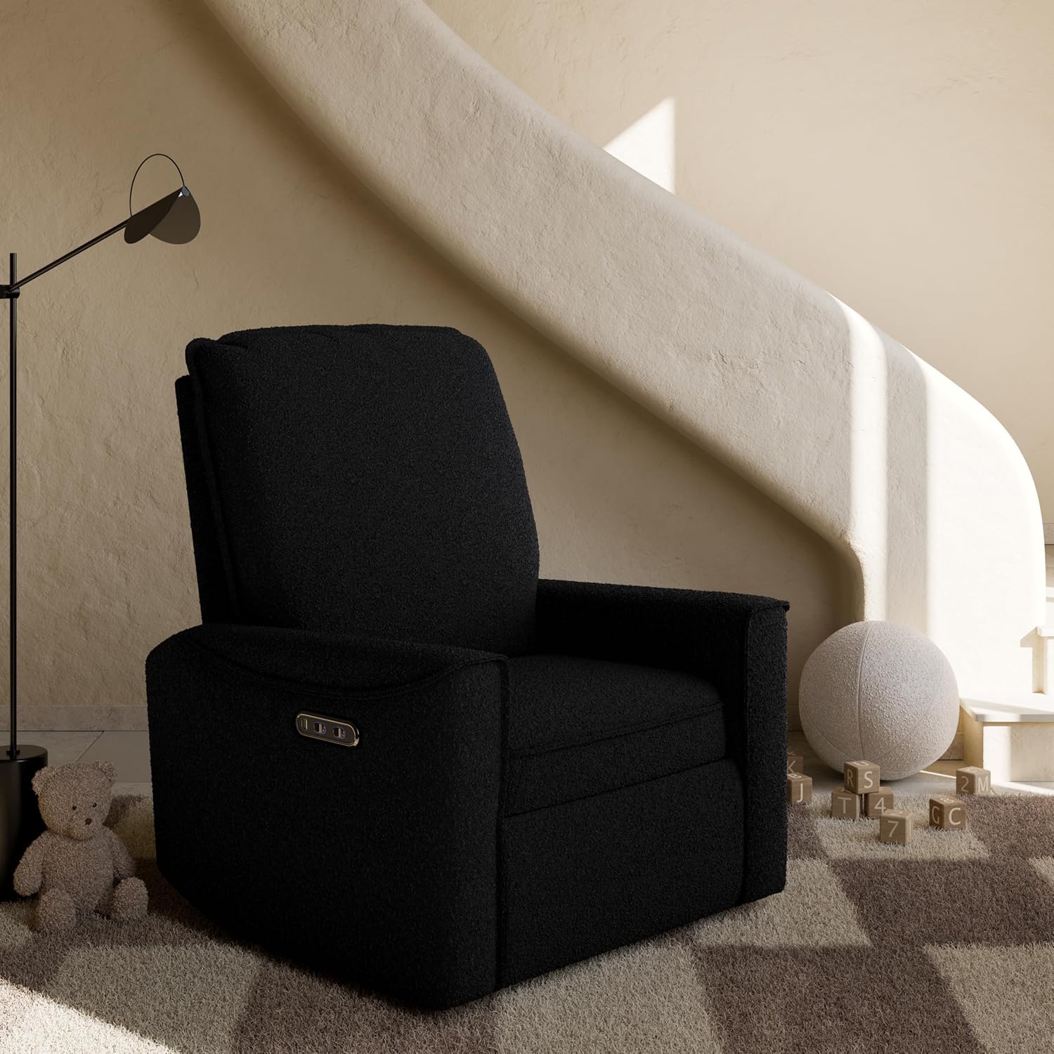 Storkcraft Santos Deluxe Power Recliner Swivel Glider, Black Boucle | Premium Electronic Power Recliner for Nursery, Includes Dual-USB Charging Port with USB-A & USB-C, Glider Rocking Chair