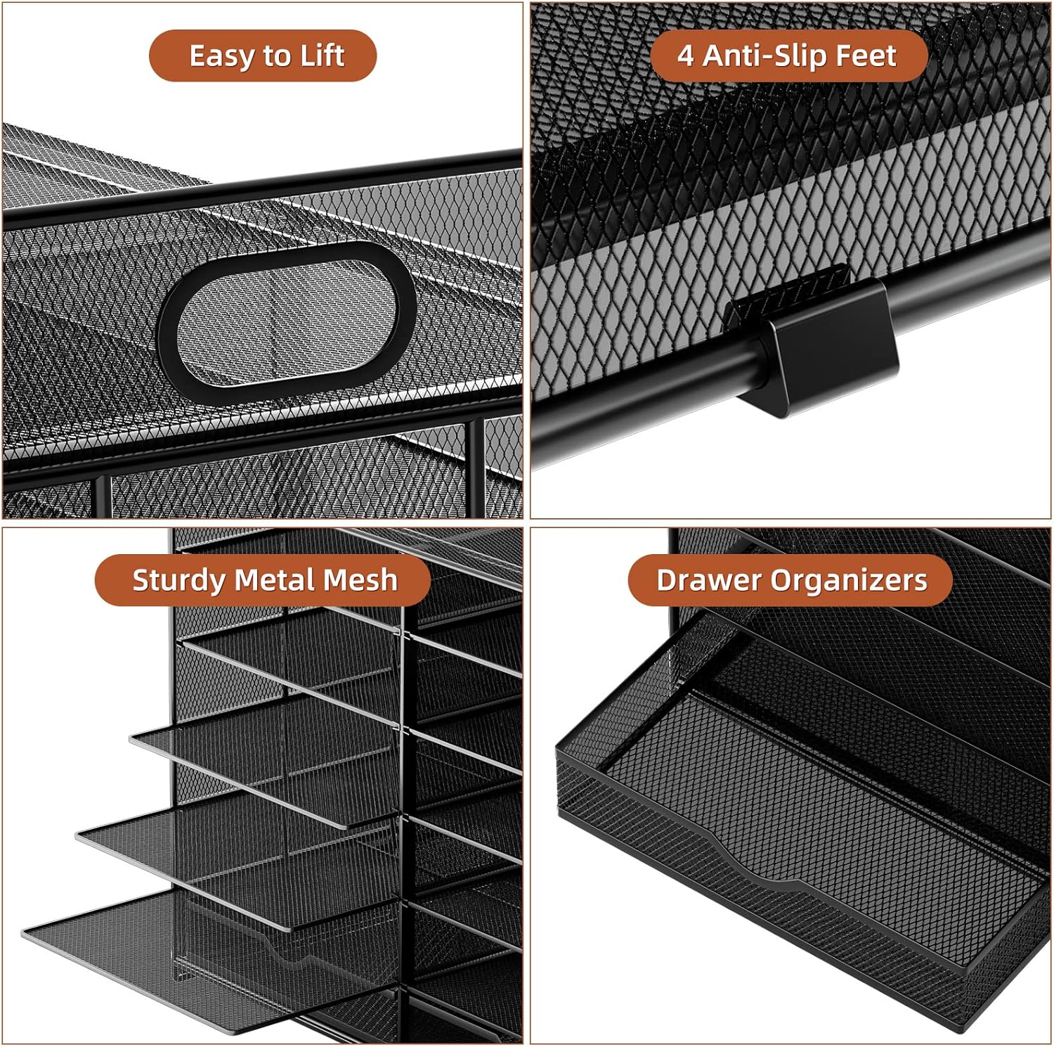 Marbrasse 7 Tier Desktop Literature Organizer, Mesh Paper Organizer, Desk Organizers with Drawer, File Sorter Mail Center Paper Storage Cabinet Classroom Keepers Mailbox for Office Home School (Black)