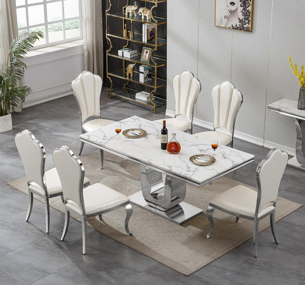 Modern White Dining Table for 6, U-Shape Stainless Steel Base, Marble Dining ...