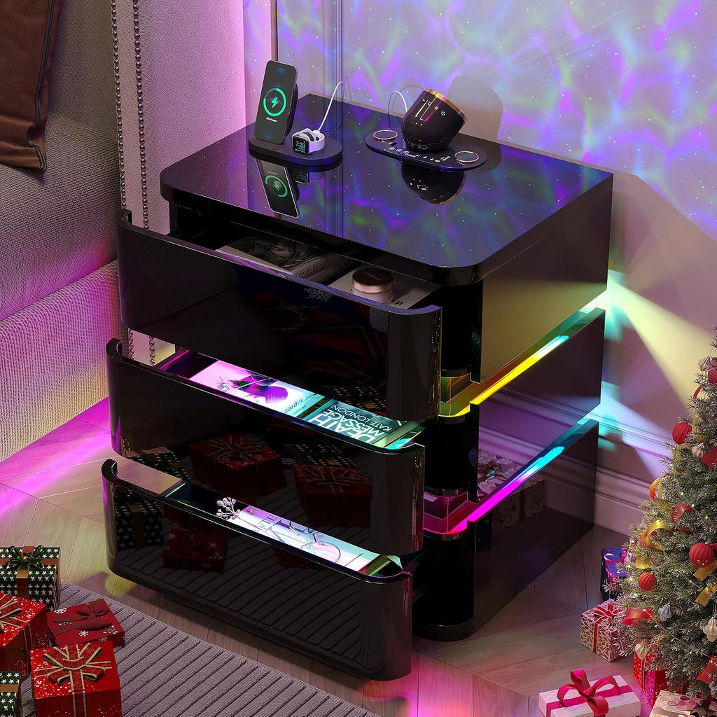 Dystler Fully Assembled Nightstand with Charging Station and LED Lights | 3 Drawers Bedside Table with Galaxy Projector & Hidden Storage, Modern RGB Night Stand Setup Perfect for Bedroom Display