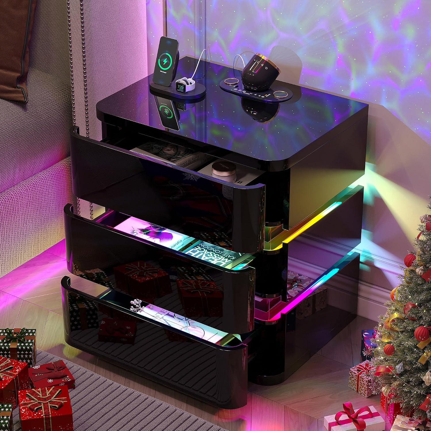 Dystler Fully Assembled Nightstand with Charging Station and LED Lights | 3 Drawers Bedside Table with Galaxy Projector & Hidden Storage, Modern RGB Night Stand Setup Perfect for Bedroom Display