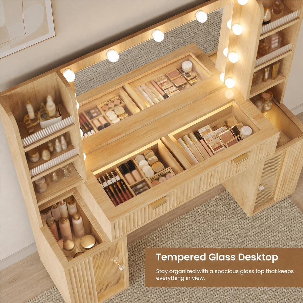 56'' Fluted Wooden Vanity with RGB Hollywood Lights & 36" HD...