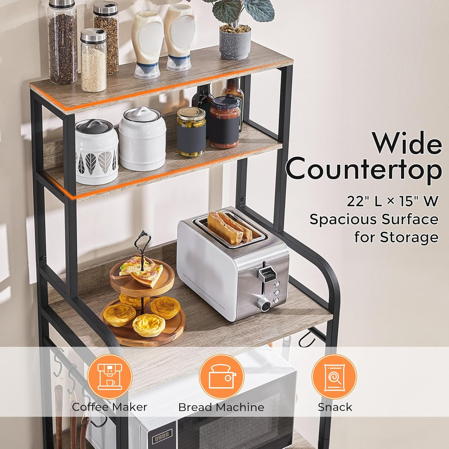 Yaheetech 4-Tier Bakers Rack with Cabinet,Coffee Bar Microwave Stand,Gray | Microwave Oven Stand Pantry Cabinet with S Hooks and Hutch,Freestanding Kitchen Shelves Spice Rack