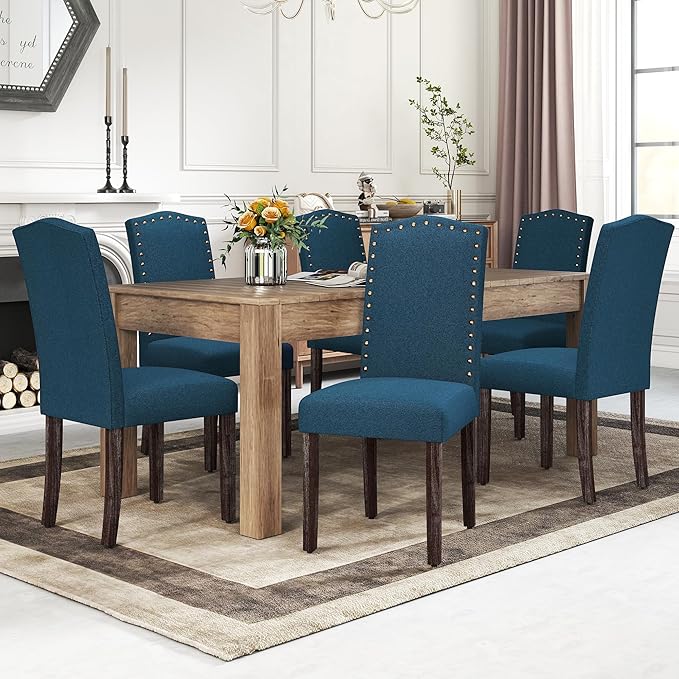 LSSBOUGHT Dining Chairs Set of 2,Upholstered Parsons Dining Room Chairs Fabric Kitchen Chairs with Solid Wood Frame and Nailhead Trim(Blue)