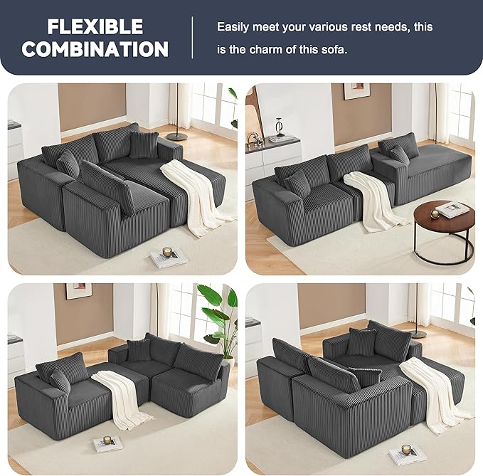 97" Modular Sectional Sofa, L-Shaped Boneless Couch with Deep Seat, Cozy Cloud Couch Sectional with Convertible Ottoman, Modern Sectional Couches for Living Room（ Grey）