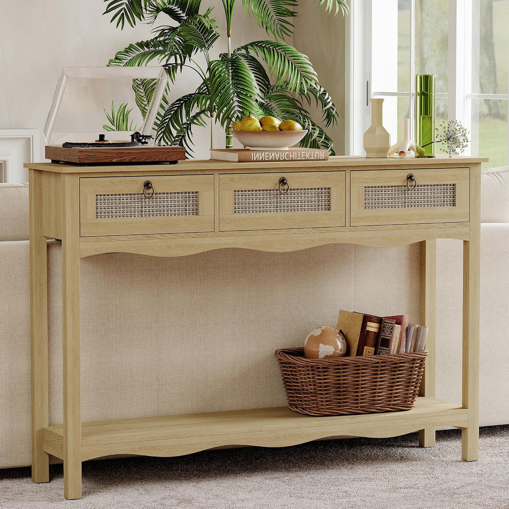 LAZZO 47.3" Rattan Console Table with Wavy-Edge, Narrow Long Sofa Table ...