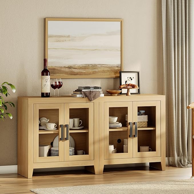 WAMPAT Farmhouse TV Stand for TVs up to 65”, Rustic Wood Entertainment Center with Adjustable Shelf, Glass Doors & Storage, Media Console Cabinet for Living-Room, Bedroom, Oak