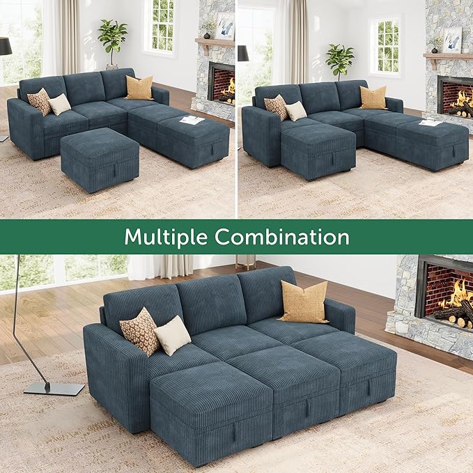 HONBAY Modular Sectional Sleeper Sofa Bed, Pull Out Couch with Storage Ottoman, U Shaped Sectional Couches for Living Room, Blue