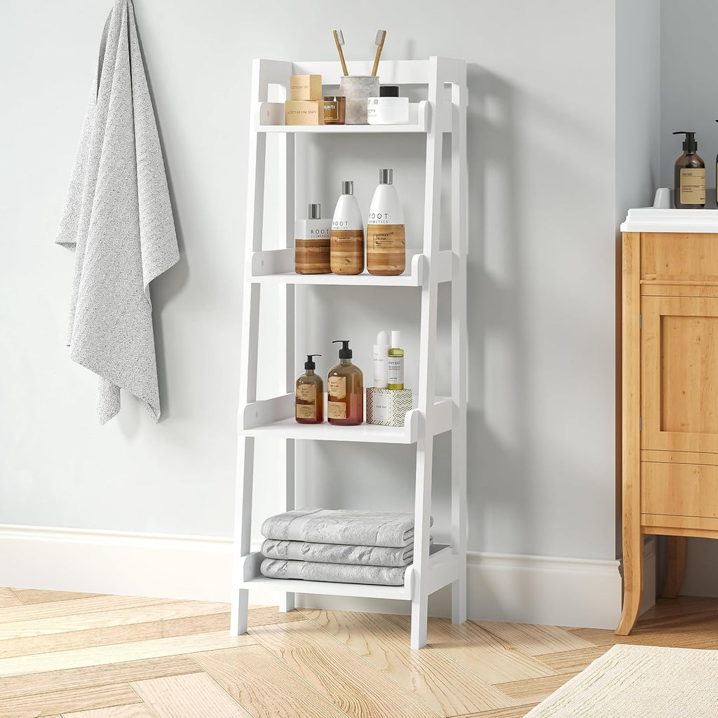 UTEX Freestanding Bathroom Storage Shelf with 4-Tier Ladder Design, White | 4 Fixed Shelves, A-Frame Ladder Design, Side and Back Guards, Anti-Tip Design, 14.69" W × 11.42" D × 42.7" H