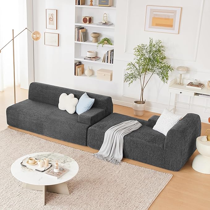 107" Modular Sectional Cloud Couch, Boneless couches Sponge sectionals for Living Room, High Density Sponges Sofa, Modular L-Shape with Chaise, Darkgrey