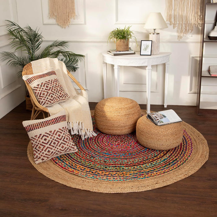 · REDEARTH · Jute Circular Low Pouf Ottoman - Boho Foot Stool - Natural | Jute, 18"x18"x10"; Braided Jute Pouf, Accent Sitting Doubles as Foot Rest; Great for Living Room, Patio, Outdoor, Bedroom