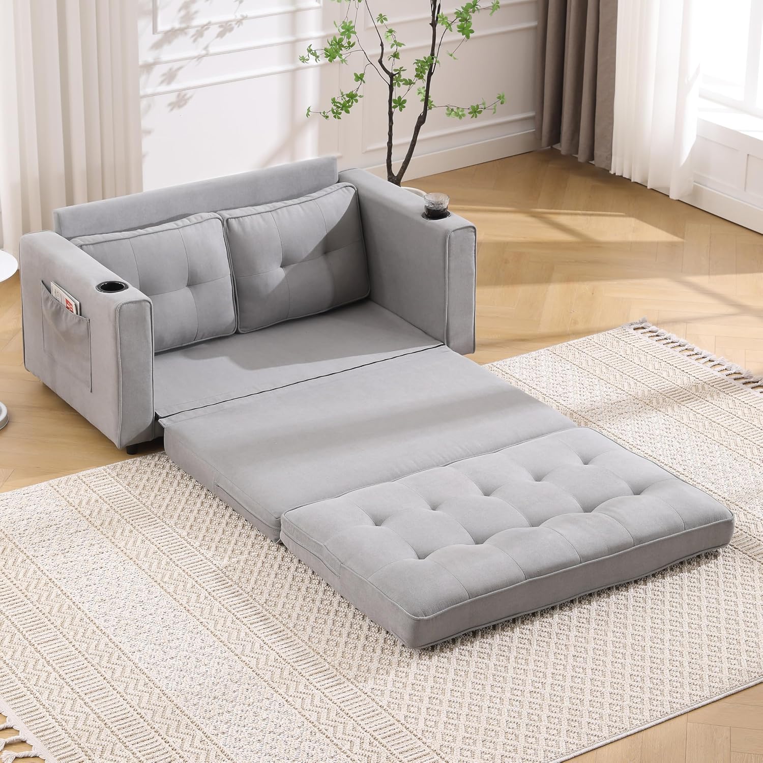 Convertible Sofa Bed, Folding Loveseat Sleeper Sofa Bed with Pillows,Fold Out Floor Couch with Cup Holder, Fabric Pull Out Sleeper Couch Bed for Living Room, Bedroom Lounge, Light Gary