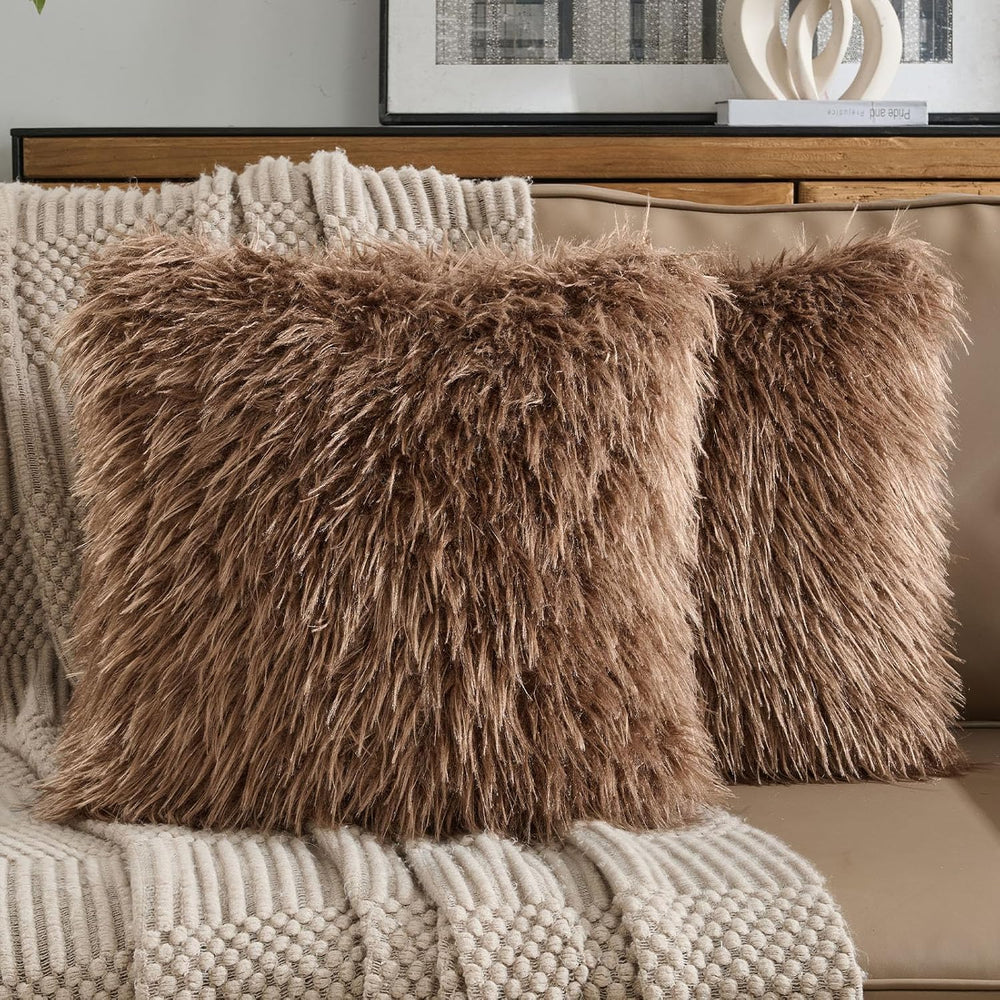 FUTEI Pack of 2 Faux Wool Throw Pillow Covers 18x18 Inch, Dark Brown