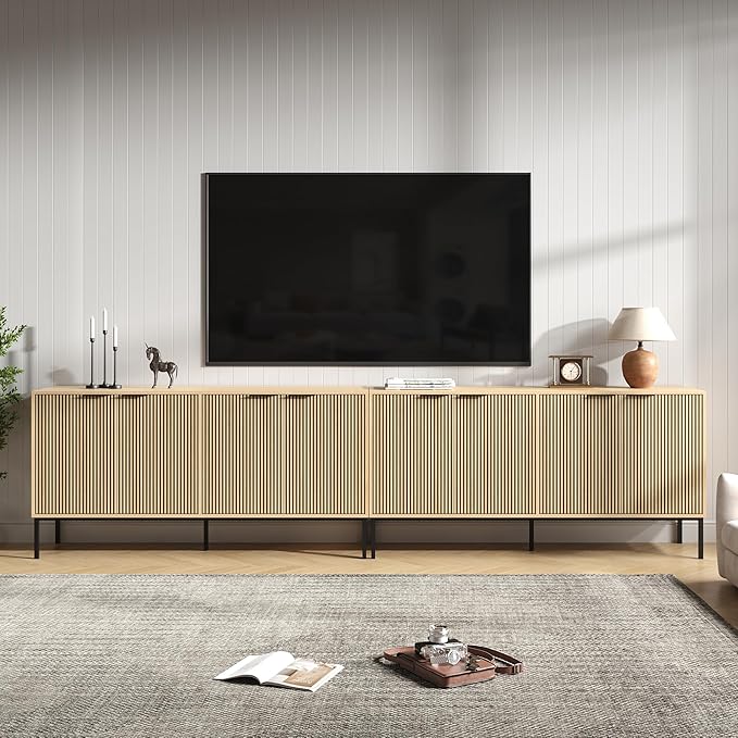 TV Stand for 120" TV, Mid Century Modern 126'' Television Stand, Entertainment Center with Storage and Adjustable Shelves, Media Console TV Cabinet for Living Room