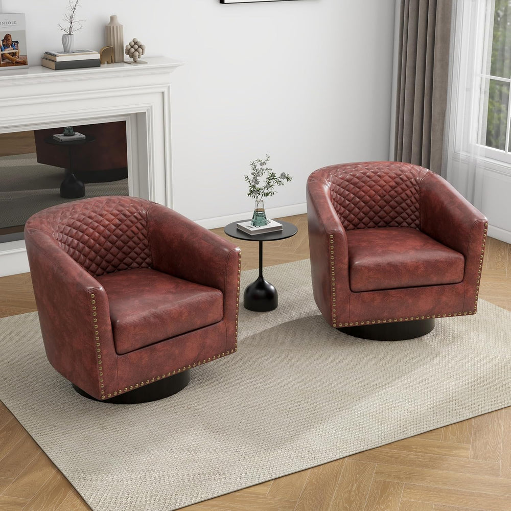 Swivel Barrel Accent Chairs Set of 2, Faux Leather Upholstered Armchair for L...