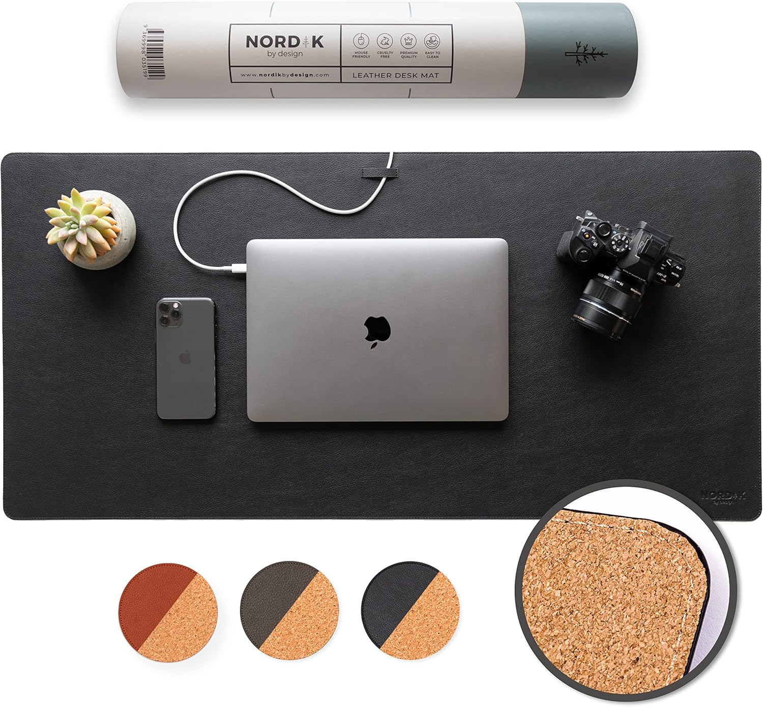 Nordik Cork Leather Desk Mat Cable Organizer (Pebble Black 35 X 17 inch) Premium Extended Mouse Mat for Home Office Accessories - Non-Slip Vegan Leather Desk Pad Protector & Desk Blotter Pad