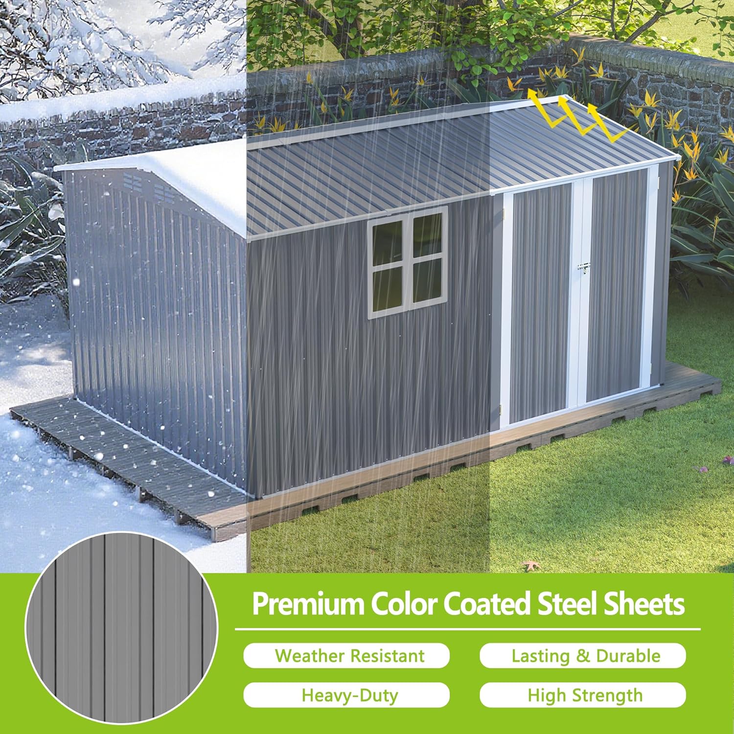 8x12 FT Outdoor Metal Storage Shed with Window & Floor Frame, Lockable Double Doors, Weatherproof Steel Tool Shed for Garden, Backyard, Lawn Equipment, and Patio Storage