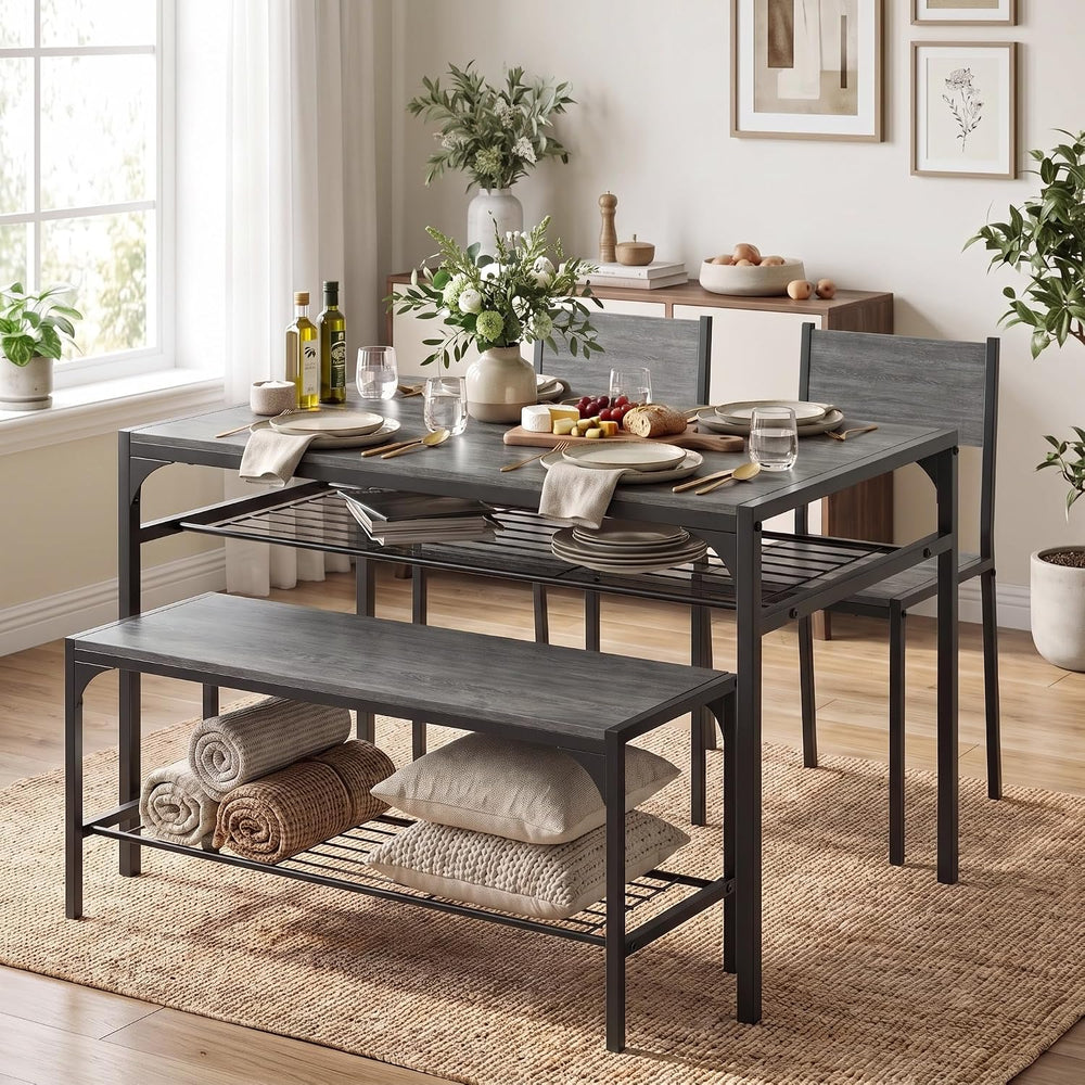 COSTWAY Dining Table Set for 4 with Bench & 2 Chairs, Storage Racks, Grey