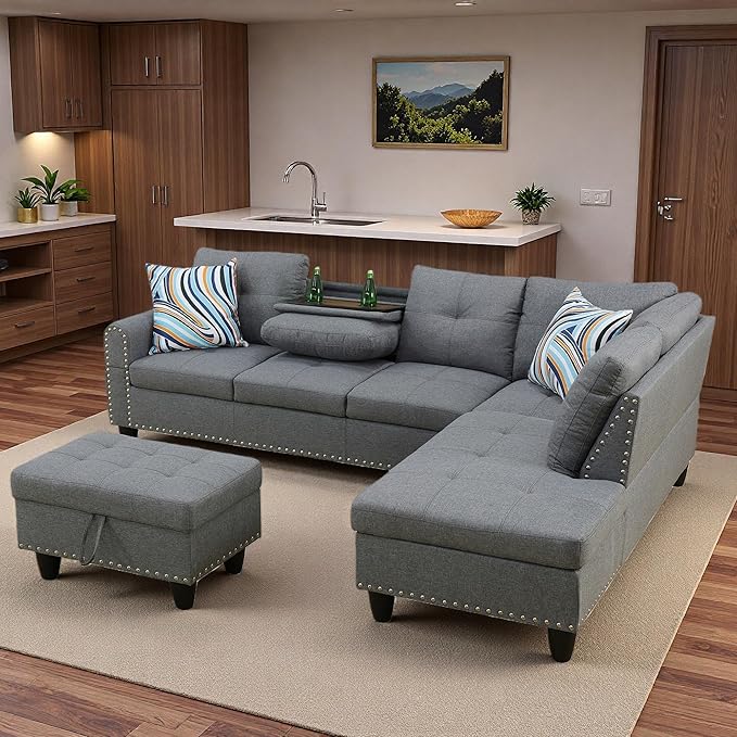 Sectional Couches for Living Room with Movable Chaise & Storage Ottoman - 97.5" Linen L Shaped Couches for Living Room Apartment, Home Modular Sectional Sofas with Cup Holder, Grey
