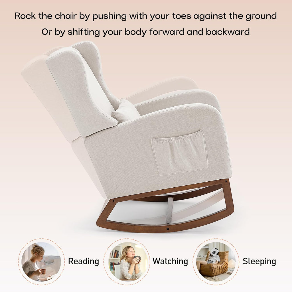 Nursery Rocking Chair with Footrest, Glider Rocking Nursing Chair Indoor, Upholstered Accent Nursery Glider Chair Rubber Wood Legs for Baby Nurser, Bedroom, Living Room, Beige