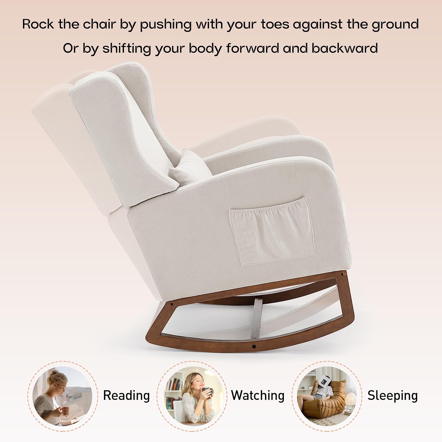 Nursery Rocking Chair with Footrest, Glider Rocking Nursing Chair Indoor, Upholstered Accent Nursery Glider Chair Rubber Wood Legs for Baby Nurser, Bedroom, Living Room, Beige