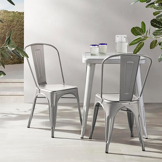 Amazon Basics Metal Dining Chairs, Easy to Assemble, Indoor/Outdoor, Stackable, 330-Pound Capacity, Dark Gray, 4-Pack, 20.1 x 17.1 x 33.5 inches