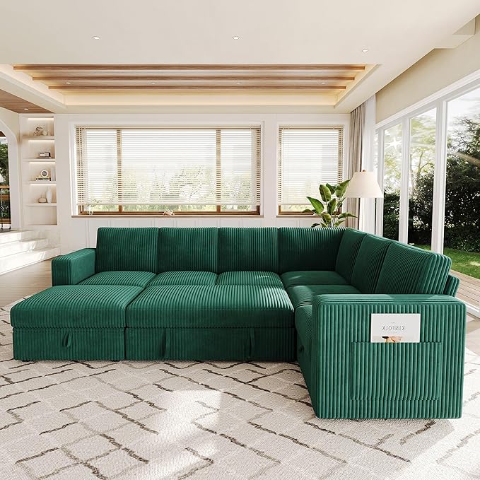 106.7" Sectional Sleeper Sofa with Pull Out Couch, Modern 7 Seat U Shaped Modular Couch, Green Sectionals Modular Sofa with Storage, Comfy Corduroy Couches Sectional for Living Room & Apartment