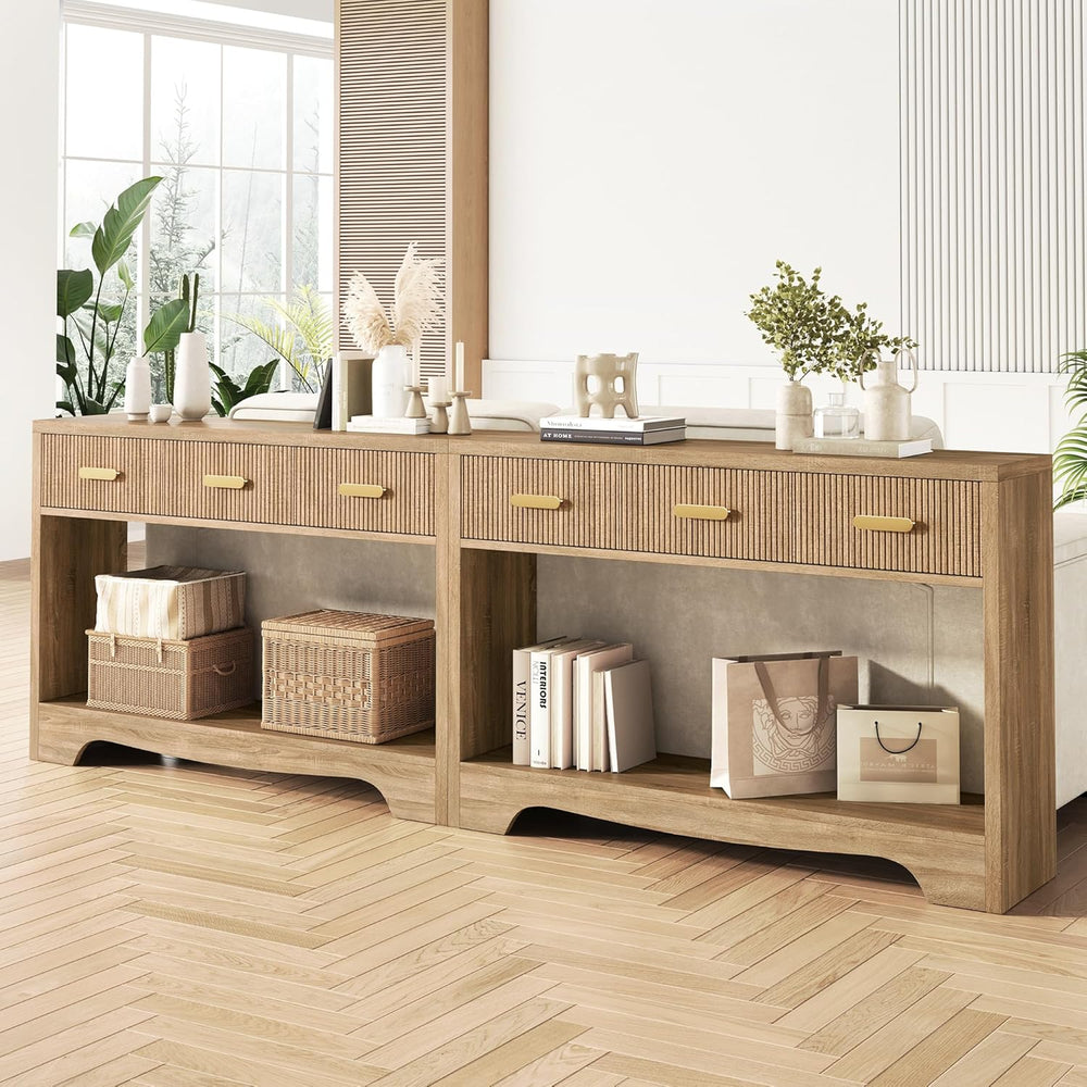 Fluted Console Table with Drawers, 47" Narrow Entryway Table with 3 Draw...
