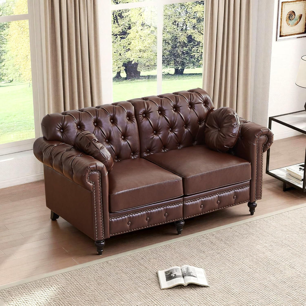 ORRD Chesterfield Small Loveseat, High Back Modern Faux Leather Couch with Bu...