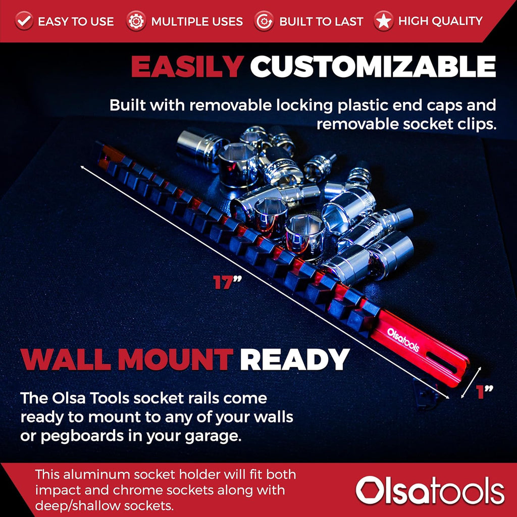 Olsa Tools 1/2-Inch Drive Aluminum Socket Organizer with Locking End Caps | Professional Quality Socket Holder (RED)